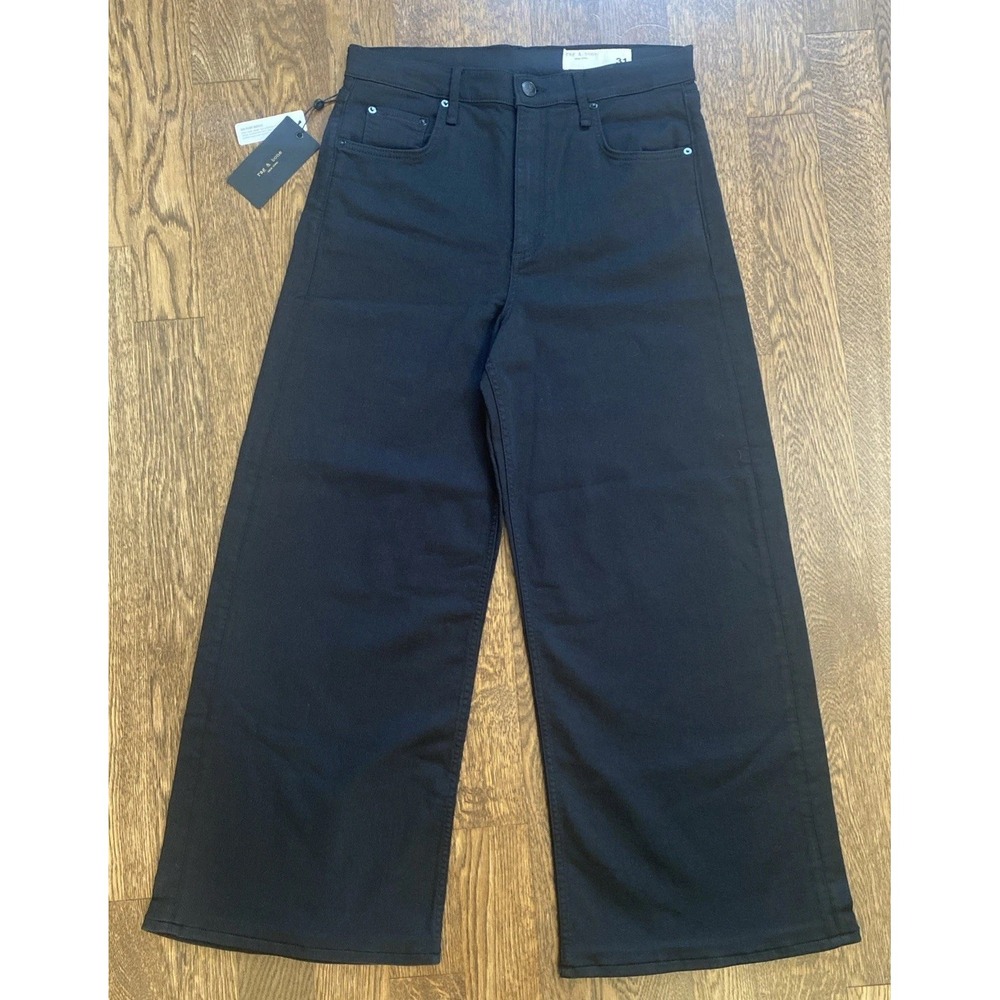 Rag & Bone Sofie High Rise Ultra Wide Ankle Black Denim Jeans 31 Flexi Stretch